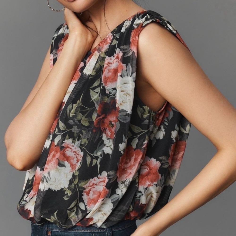 Anthropologie Floral Mesh Bubble Hem Muscle Top Black Women XS Romantic Boho